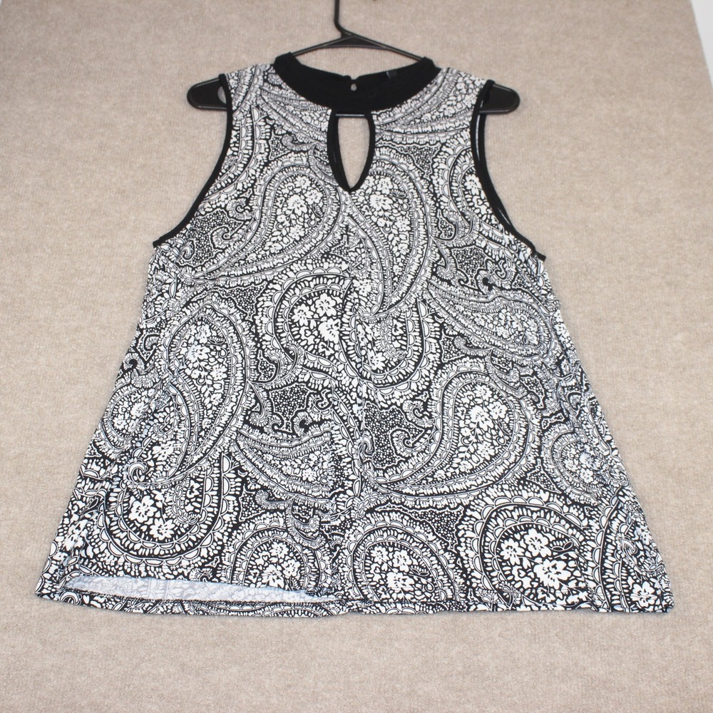 Cable & Gauge Womens XL Paisley Sleeveless Mock Neck Keyhole Top Black White
